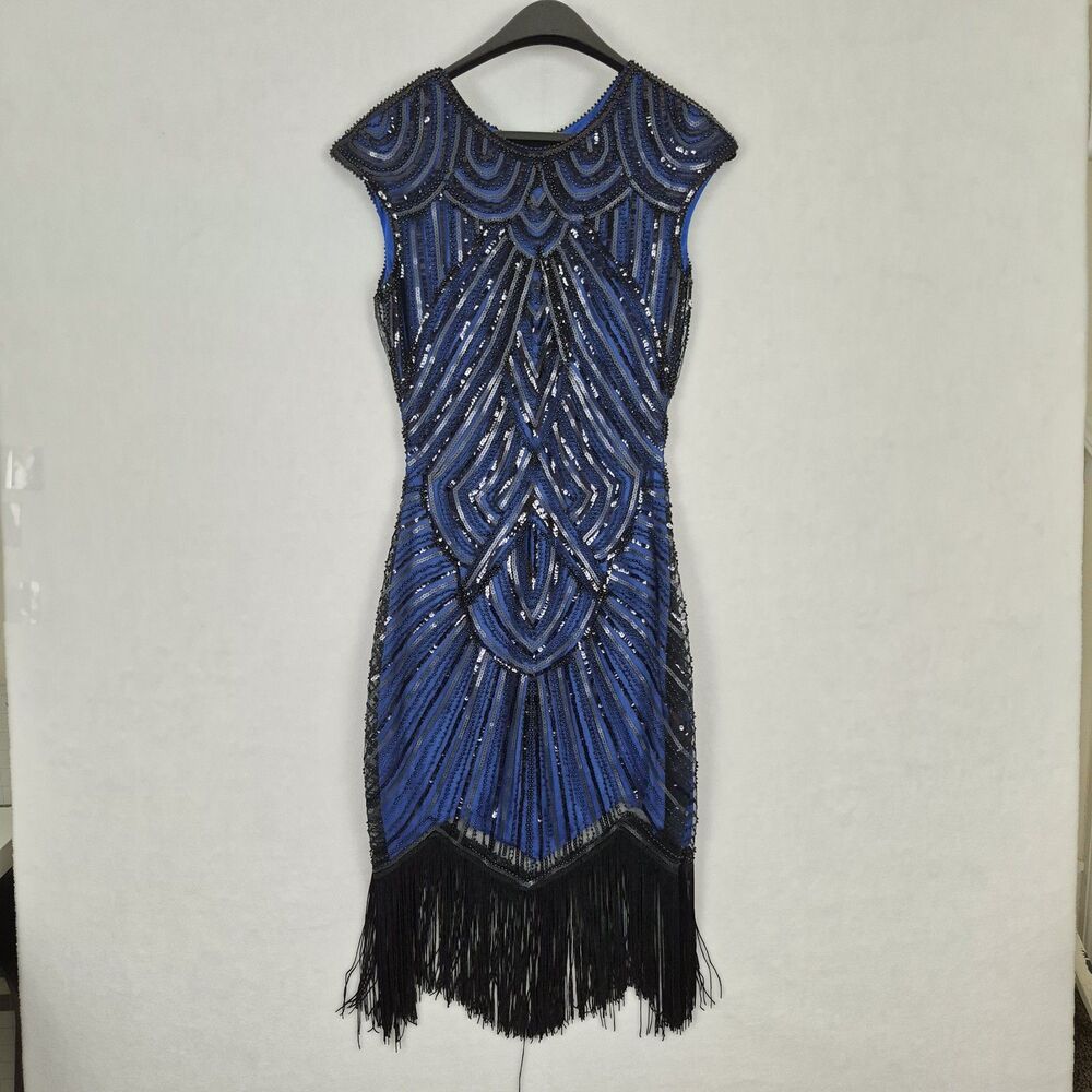 Ladies 1920s Roaring 20s Flapper Gatsby Blue Black Sequins Dress Small Fringe.